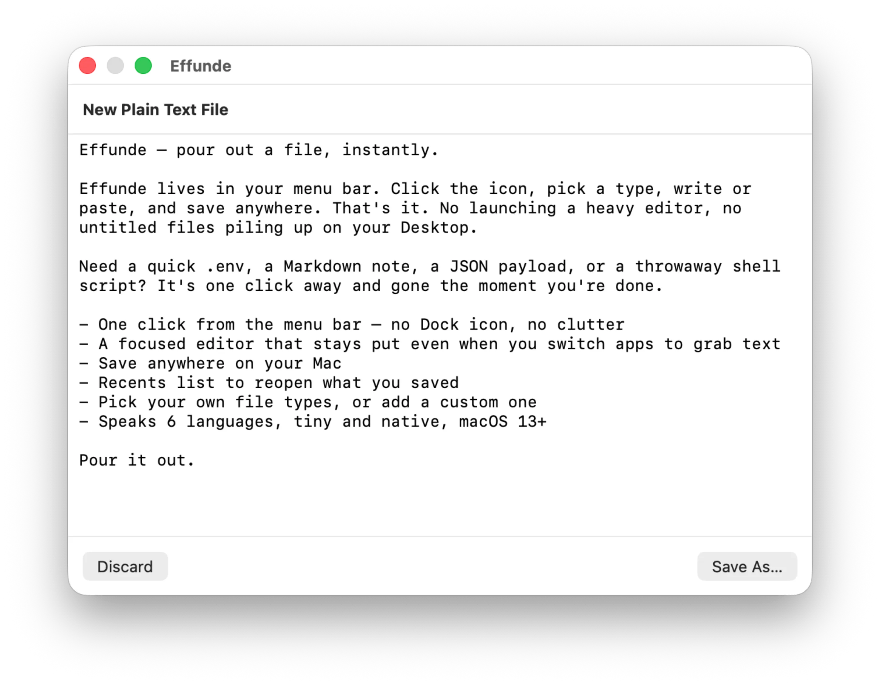 Effunde’s compact editor window with pasted text and Discard and Save As buttons