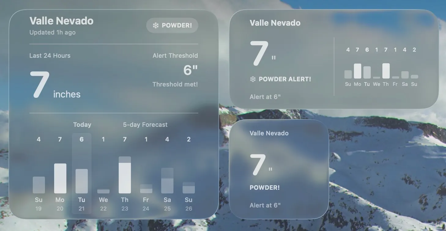 Powder Alert desktop widgets for Valle Nevado in all three sizes, shifting from a quiet translucent state to a bold Powder Alert with orange forecast bars